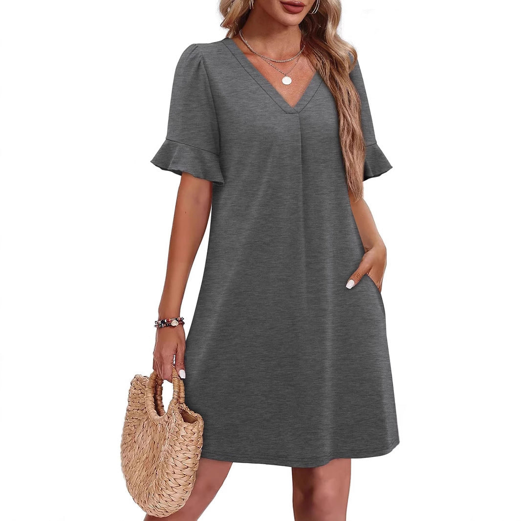 Sarah Express Women's V-Neck Ruffled A-Line Dress with Pockets Vacation Casual Short Sleeve