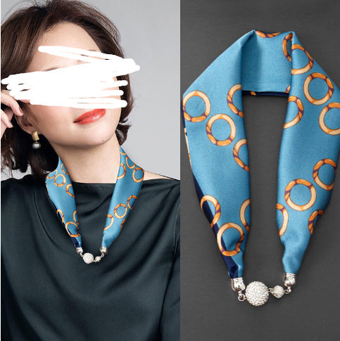 Sarah Express Magnetic Buckle Silk Scarf with Pearl Detail Women's Rectangular Necklace Scarf