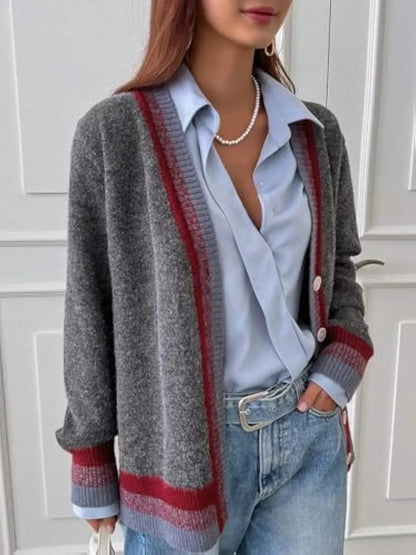 Sarah Express Women's Striped Trim Button-Up Knit Cardigan Gray