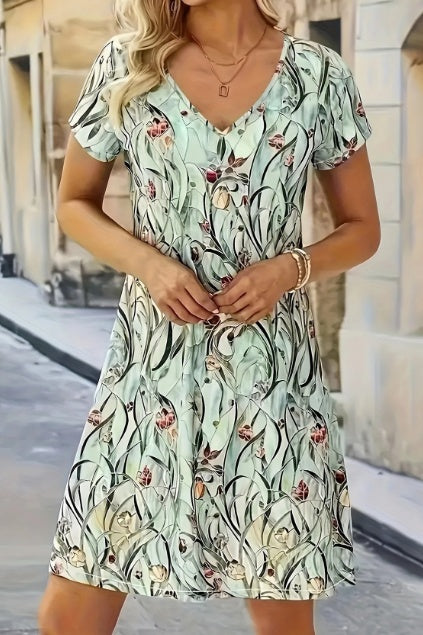 Sarah Express Leaf Print V-Neck A-Line Knee Length Dress