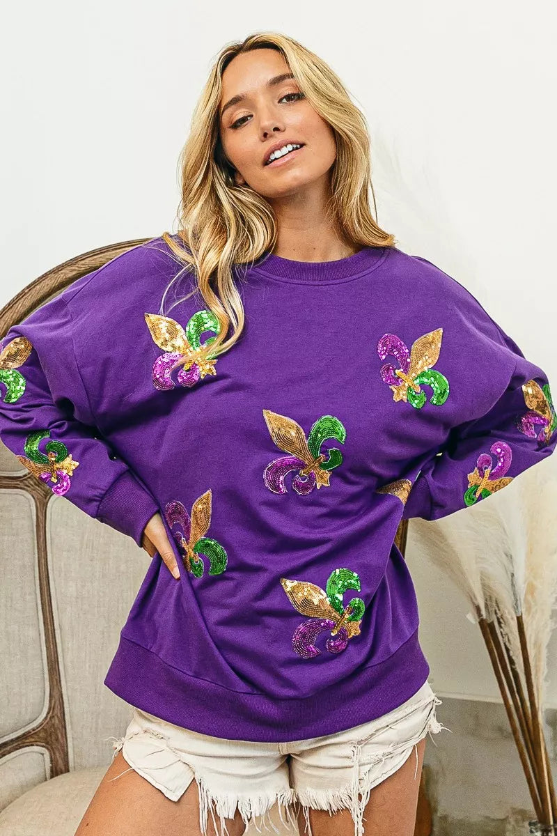 Sarah Express Women's Fleur De Lis Sequin Patches Mardi Gras Sweatshirt