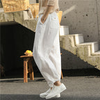 Sarah Express Women's Linen Cropped Pants - Washed Artistic Baggy Trousers with Embroidery & Belt
