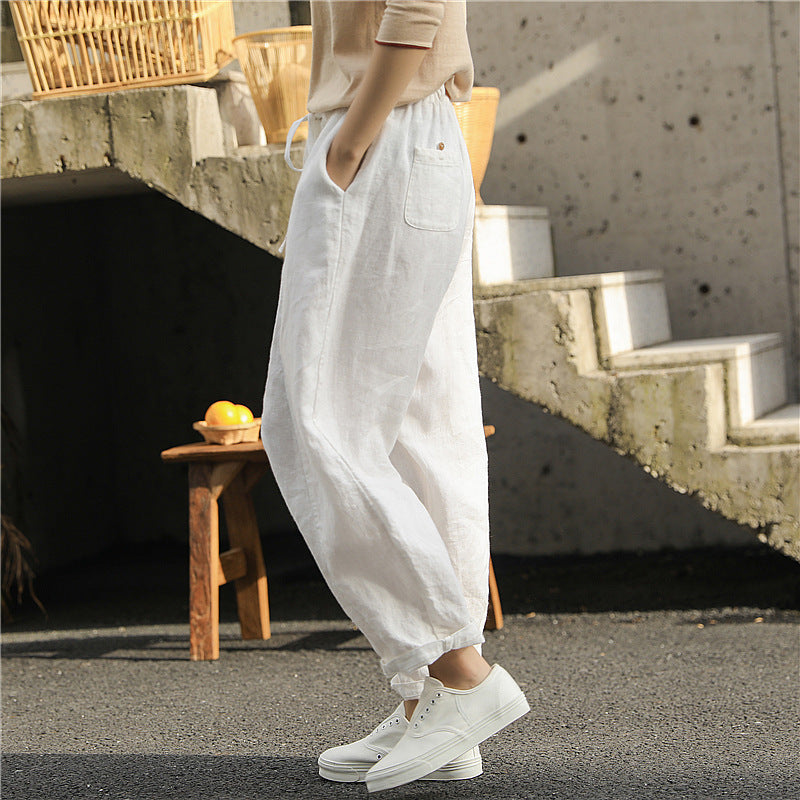 Sarah Express Women's Linen Cropped Pants - Washed Artistic Baggy Trousers with Embroidery & Belt