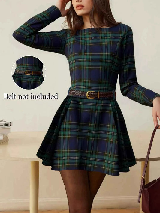 Sarah Express Women's Plaid Print Long Sleeve A-Line Dress - Fall Winter Casual Midi Dress