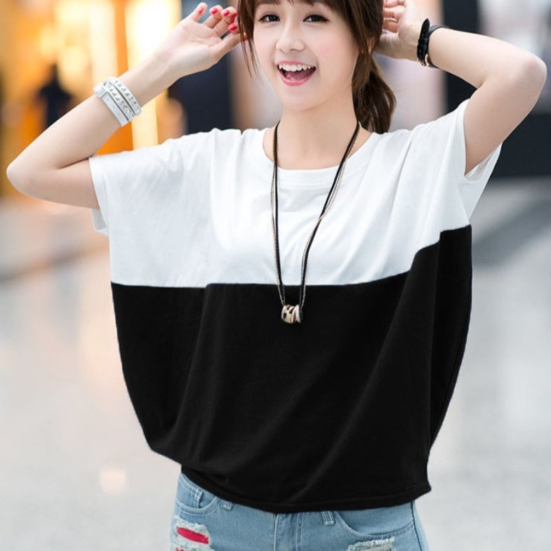 Sarah Express Women's Color Block Batwing Sleeve Top Short Sleeve Casual Loose Fit Shirt