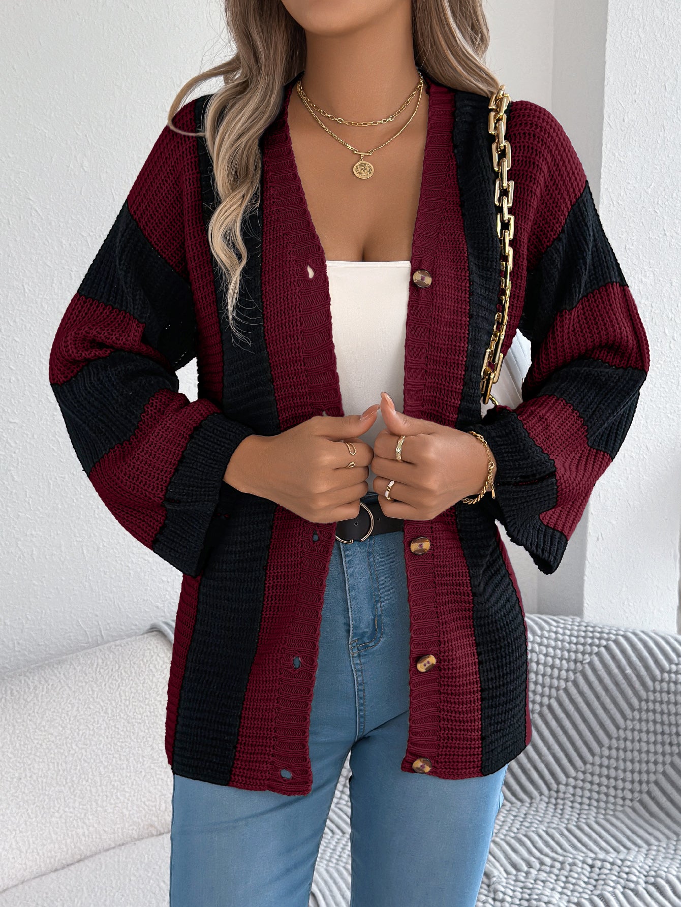 Sarah Express Women's Color Block Stripe Cardigan Sweater with Bell Sleeves - Long Sleeve Knit Coat Burgundy