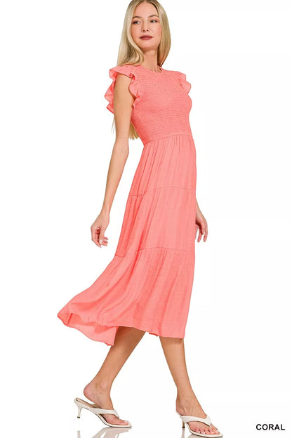 Sarah Express Women's Woven Smocked Ruffle Sleeve Midi Dress