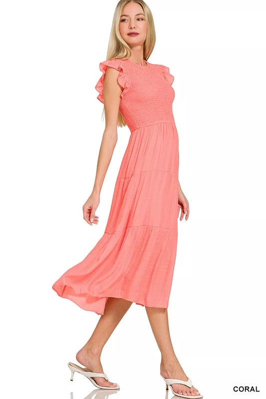 Sarah Express Women's Woven Smocked Ruffle Sleeve Midi Dress