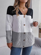 Sarah Express Women's Contrast Color Block Button Long Sleeve Sweater Loose Fit Acrylic Knit