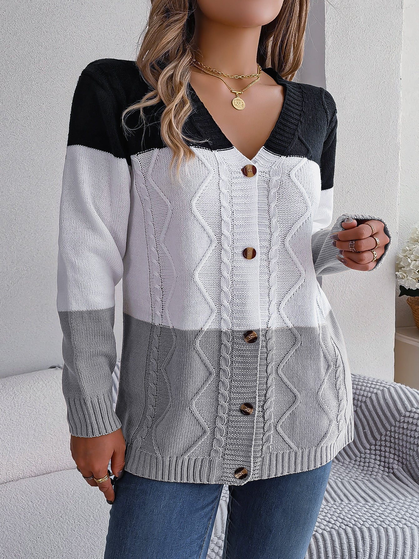 Sarah Express Women's Contrast Color Block Button Long Sleeve Sweater Loose Fit Acrylic Knit