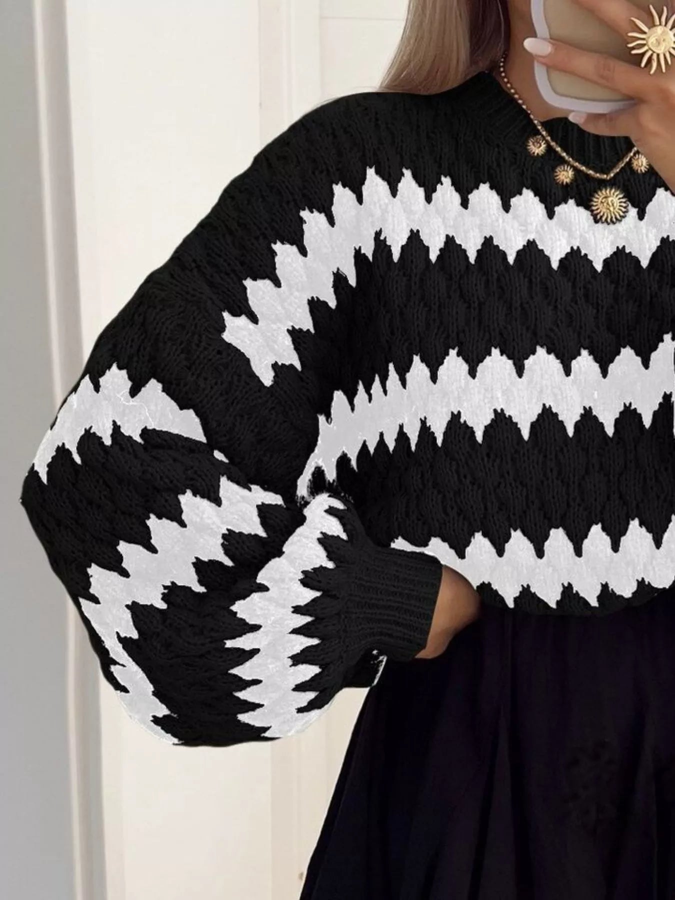 Sarah Express Women's Textured Striped Round Neck Sweater Plus Size