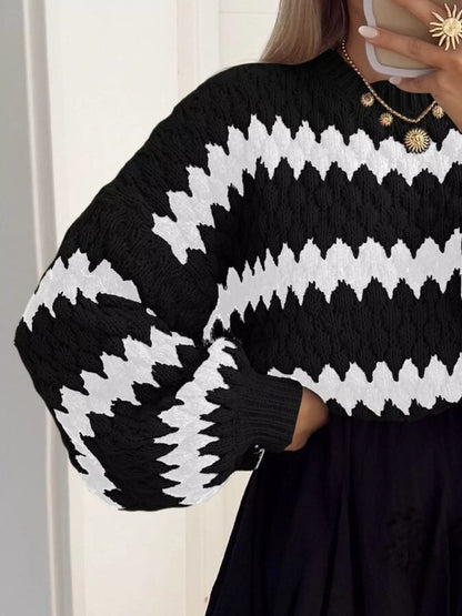 Sarah Express Women's Textured Striped Round Neck Sweater Plus Size