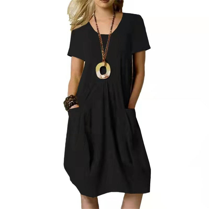 Sarah Express Women's Cotton Linen Loose Midi Dress Round Neck Short Sleeve Casual