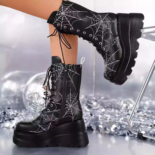Sarah Express Women's Wedge-Heel Spiderweb Mid-Calf Boots | Plus Size | PU Leather | Side Zipper