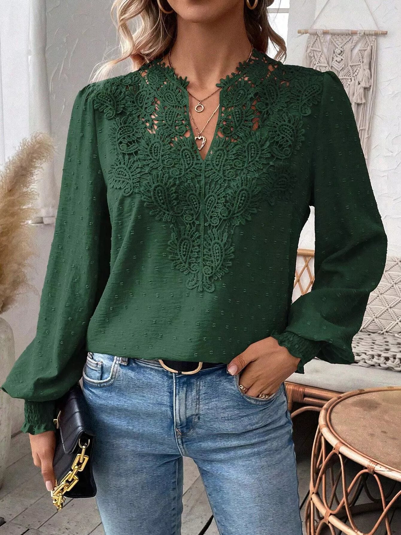 Sarah Express Women's Lace Trim Long Sleeve Blouse with Swiss Dot Detail Dark Green