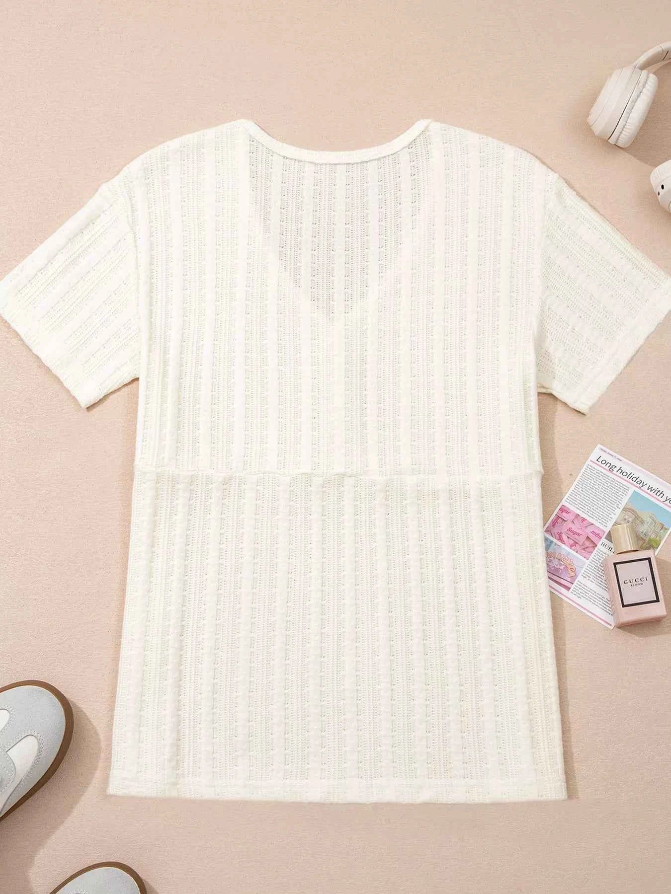 Sarah Express Women's Textured Button V-Neck Henley Tee - Casual Short Sleeve Top