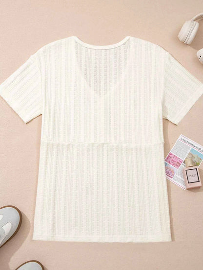 Sarah Express Women's Textured Button V-Neck Henley Tee - Casual Short Sleeve Top