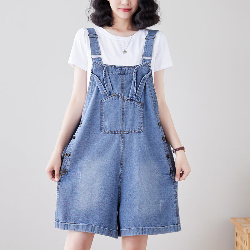 Sarah Express Denim Overalls Loose Straight Leg High Waist Suspender Pants