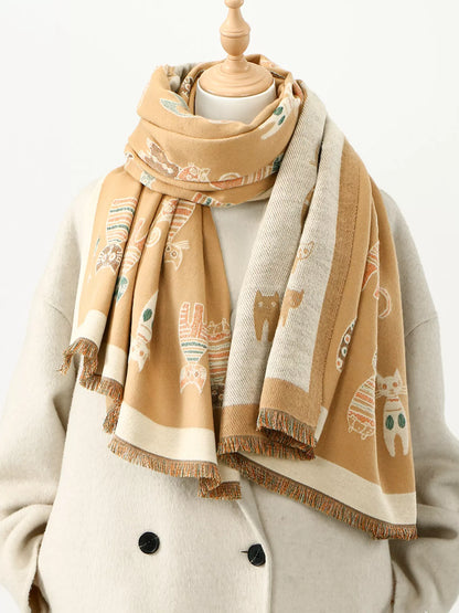 Sarah Express Women's Cute Cat Pattern Raw Hem Scarf Tan One Size