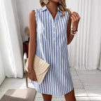 Sarah Express Women's Striped Sleeveless V-Neck Button Front Midi Shirt Dress