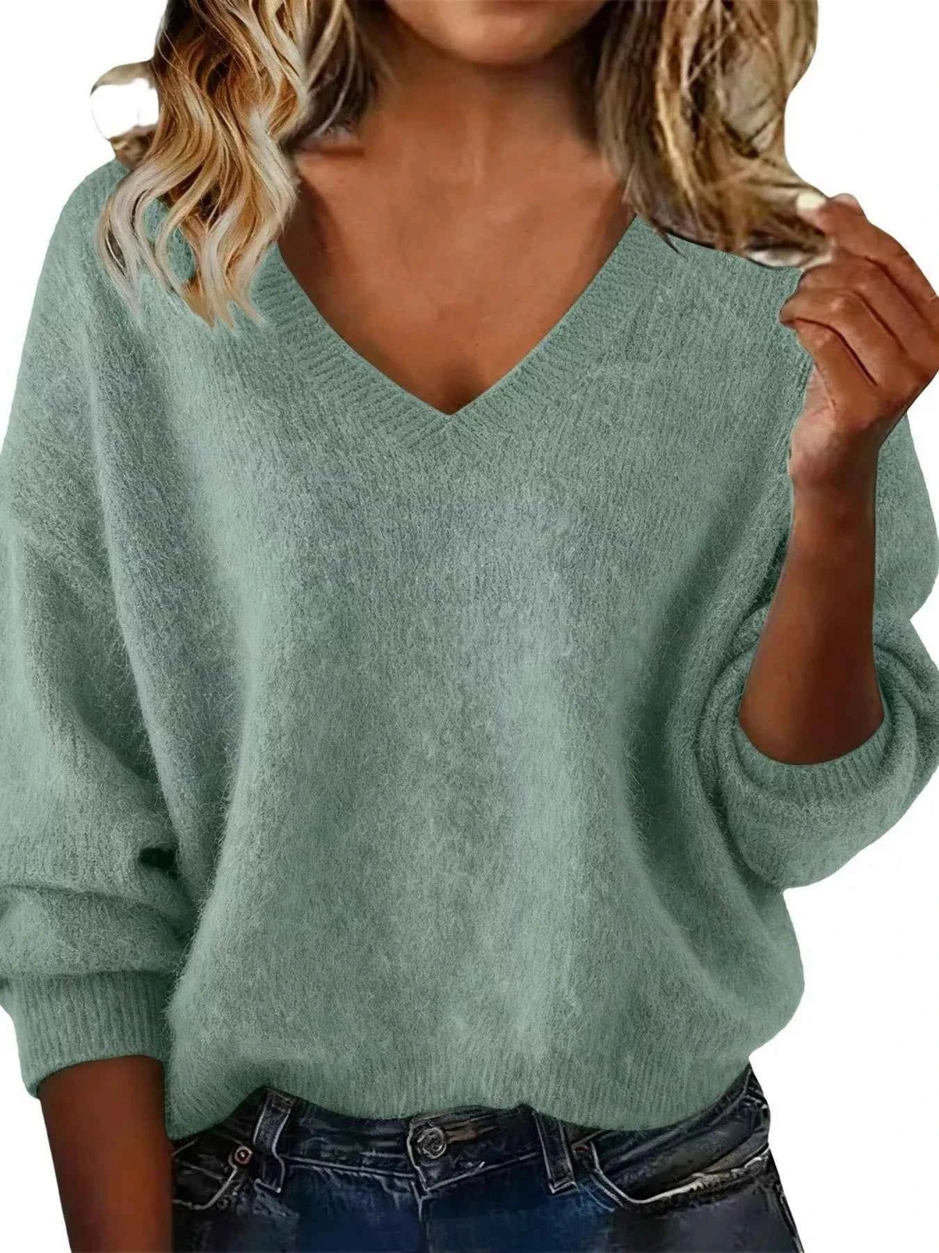 Sarah Express Women's V-Neck Dropped Shoulder Sweater - Plus Size Light Green