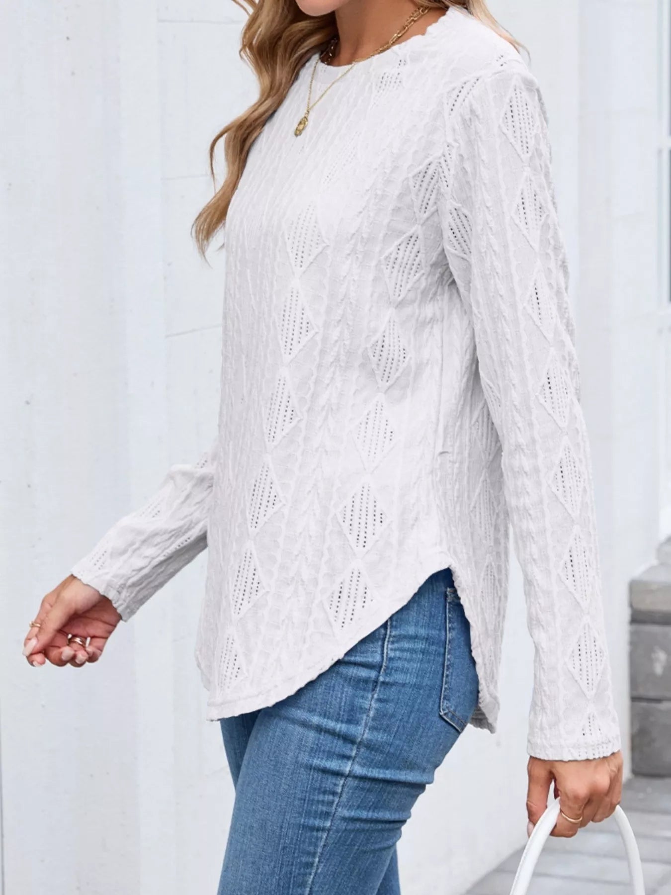 Sarah Express Women's Diamond Pattern Openwork Knit Long Sleeve Top