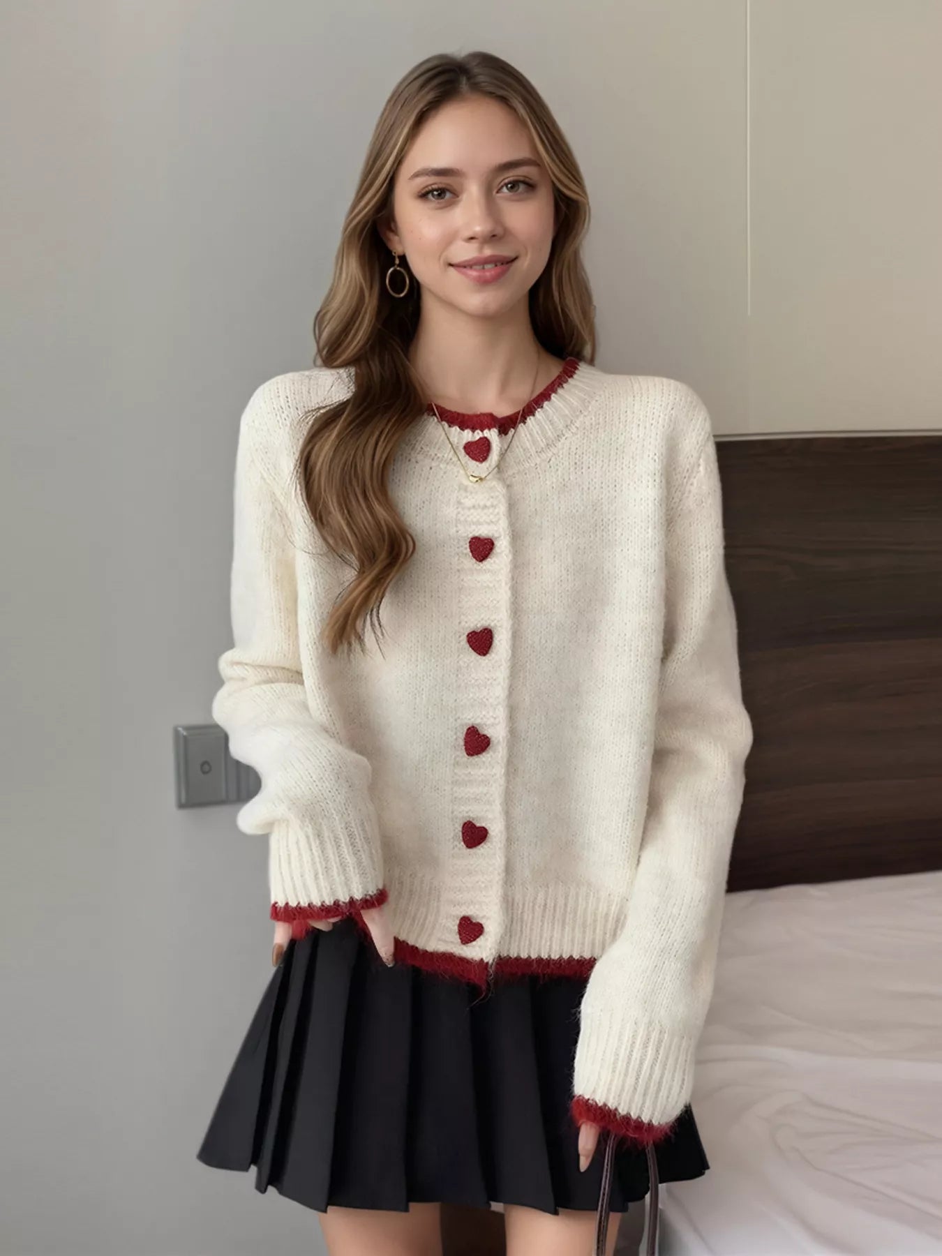 Sarah Express Heart Button Up Knit Cardigan - Contrast Stitch Sweater