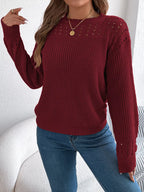 Sarah Express Women's Openwork Round Neck Long Sleeve Sweater