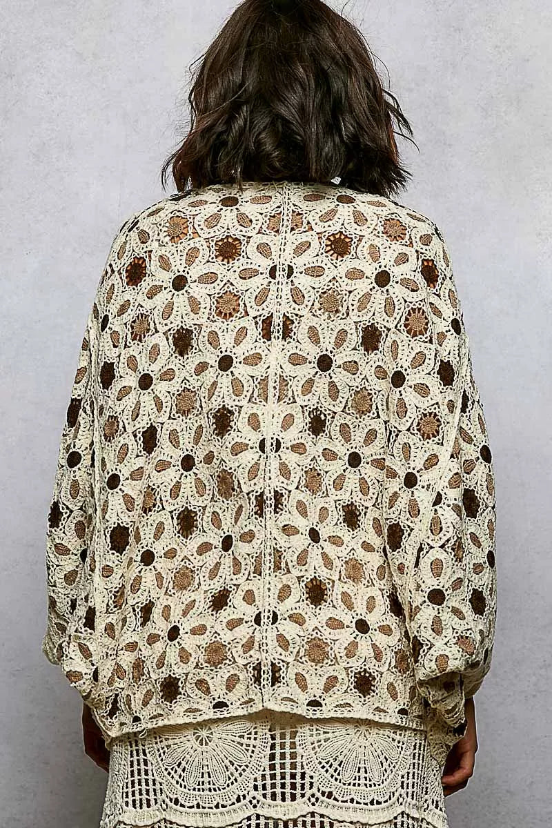 Sarah Express Women's Open Front Floral Crochet Cardigan - Dolman Sleeve Boho Sweater