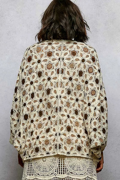 Sarah Express Women's Open Front Floral Crochet Cardigan - Dolman Sleeve Boho Sweater