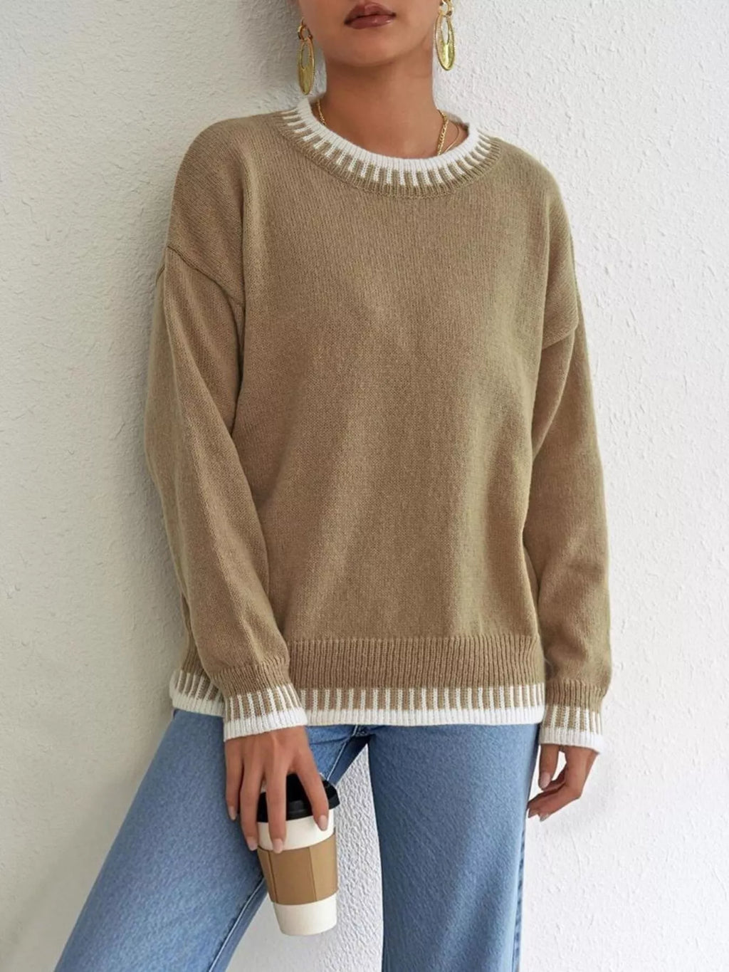Sarah Express Women's Relaxed Fit Long Sleeve Sweater - Ribbed Knit Pullover