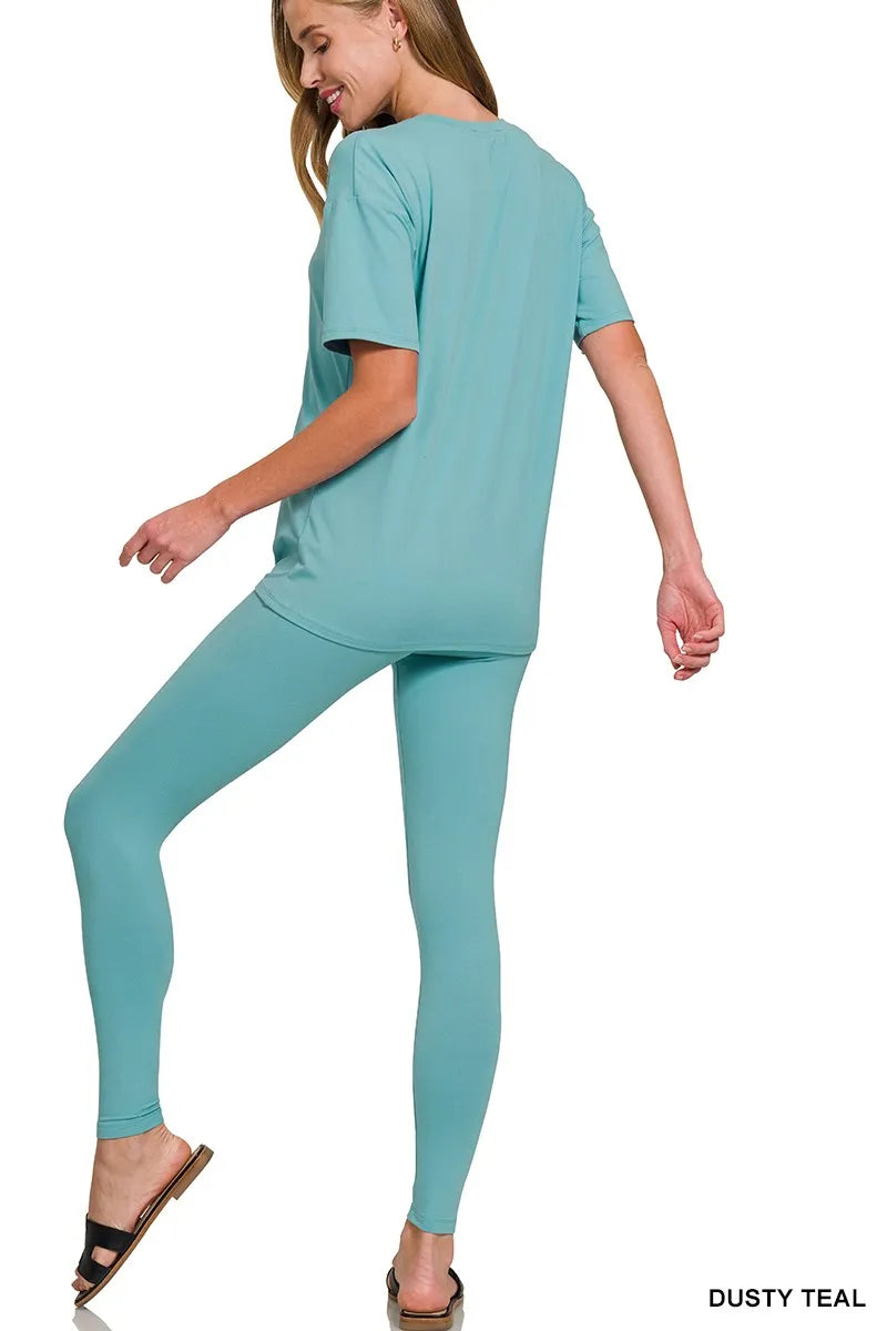 Sarah Express Women's Brushed Microfiber Short Sleeve Top and Pants Loungewear Set