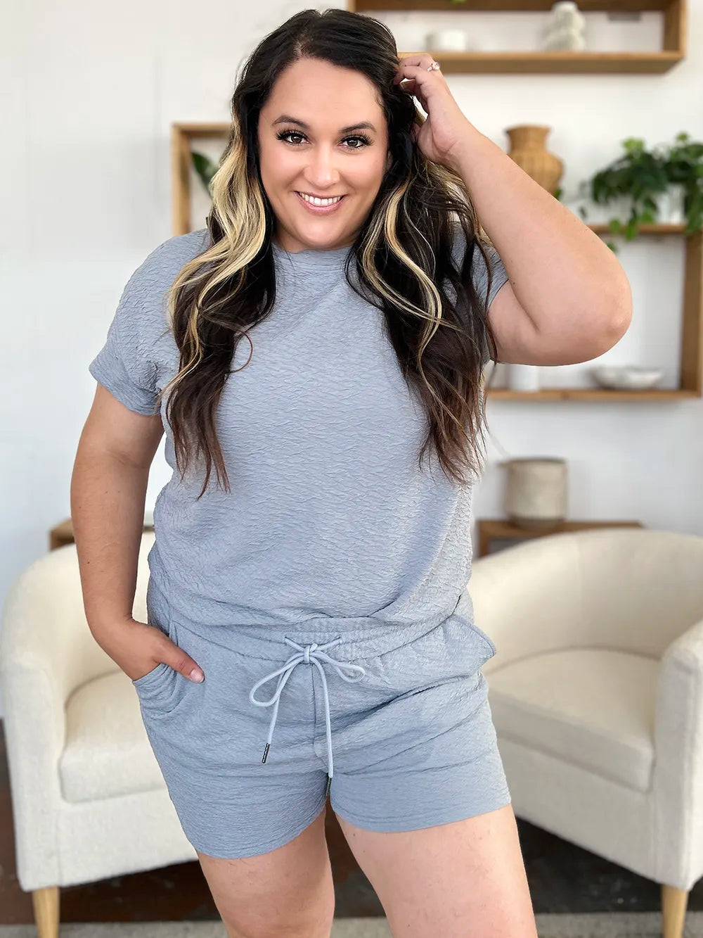 Sarah Express Women's Textured Short Sleeve T-Shirt and Drawstring Shorts Set