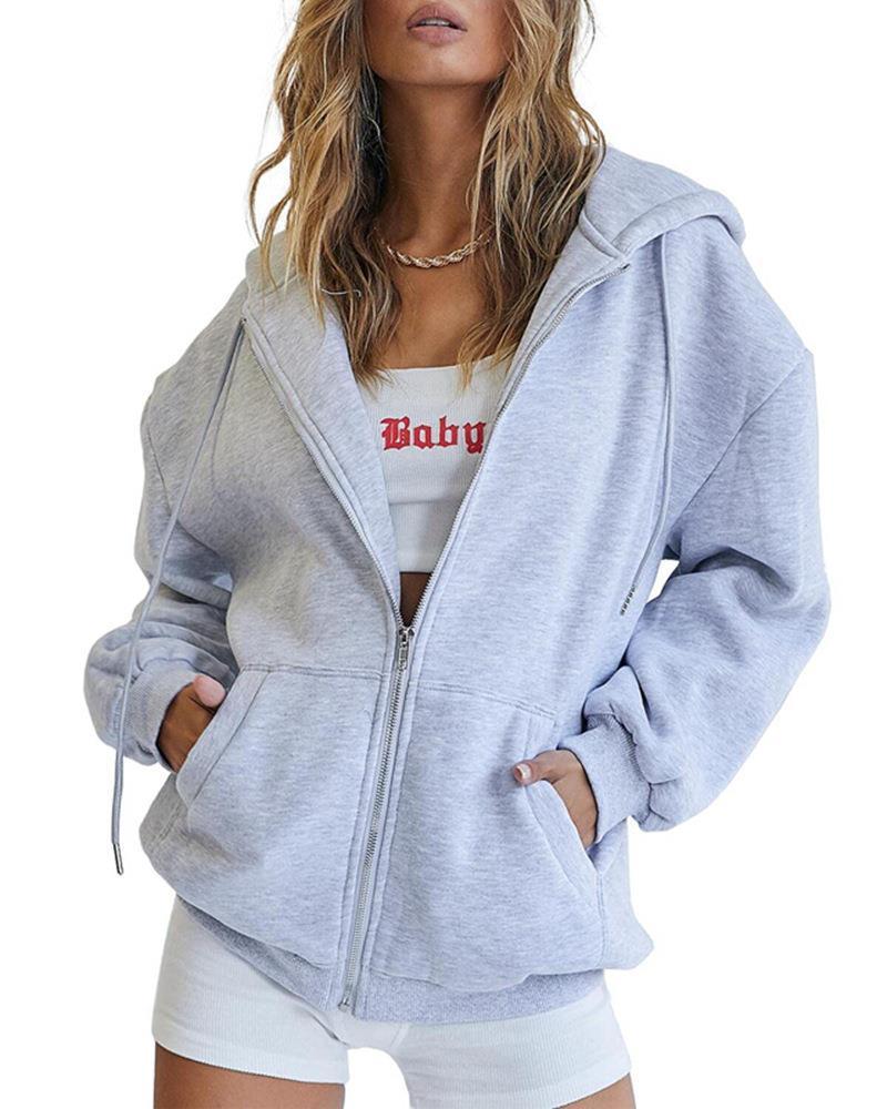 Sarah Express Women's Zip Up Hoodie Solid Color Drawstring Sweatshirt Casual Long Sleeve Fall Winter Top