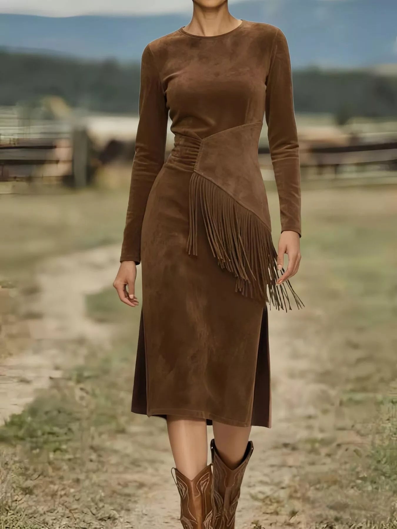 Sarah Express Women's Suede Fringe Long Sleeve Midi Dress - Boho Western Style Dark Brown