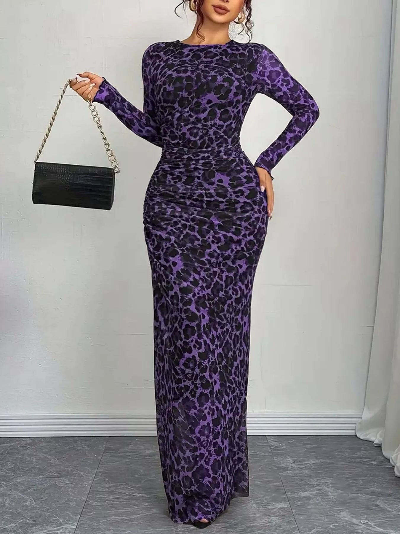 Sarah Express Women's Leopard Ruched Bodycon Maxi Dress Purple