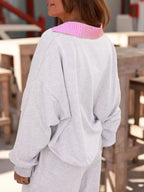 Sarah Express Women's Contrasted Trim Frilled Collar Drop Shoulder Top and Drawstring Pant Set