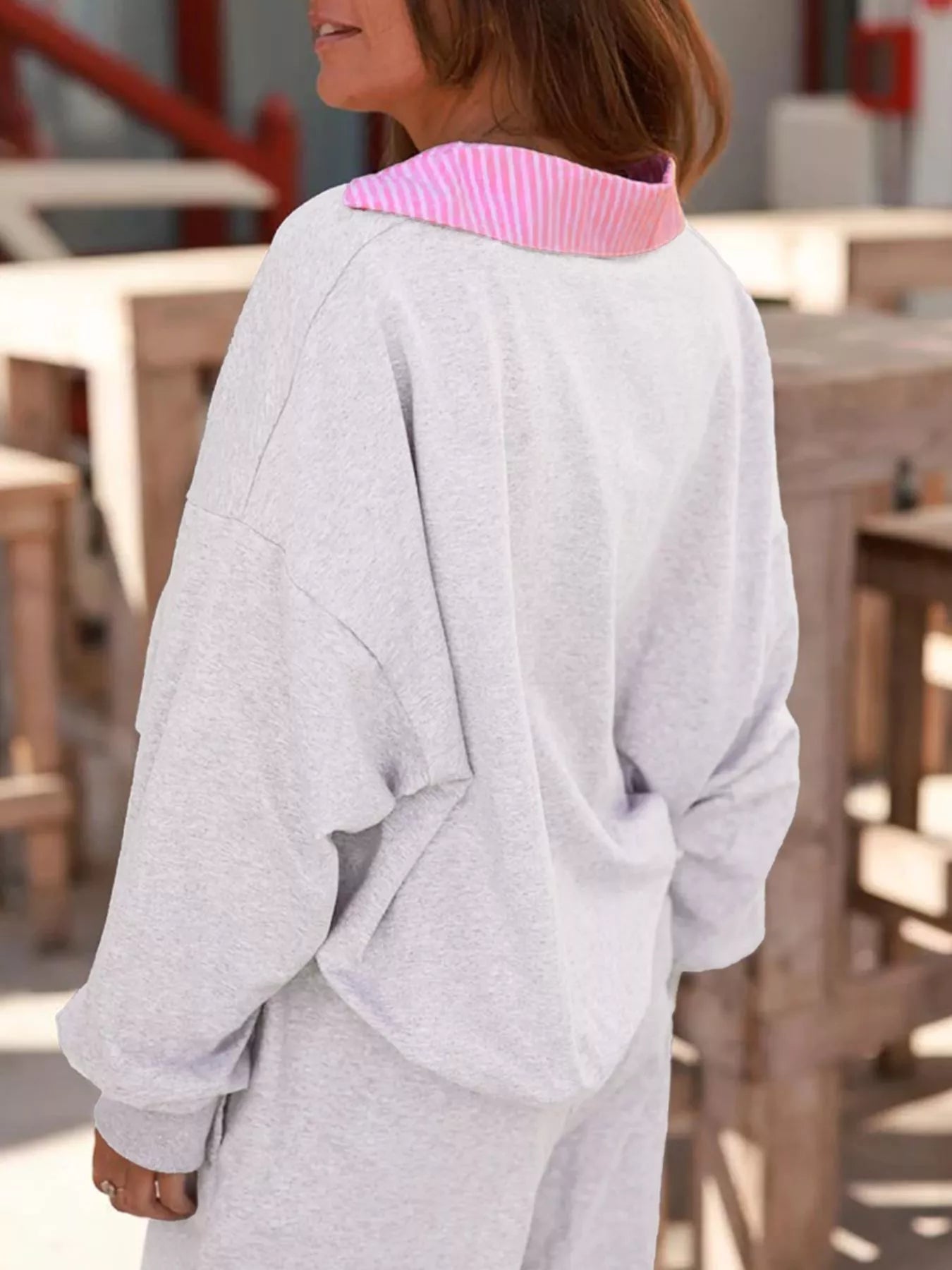 Sarah Express Women's Contrasted Trim Frilled Collar Drop Shoulder Top and Drawstring Pant Set