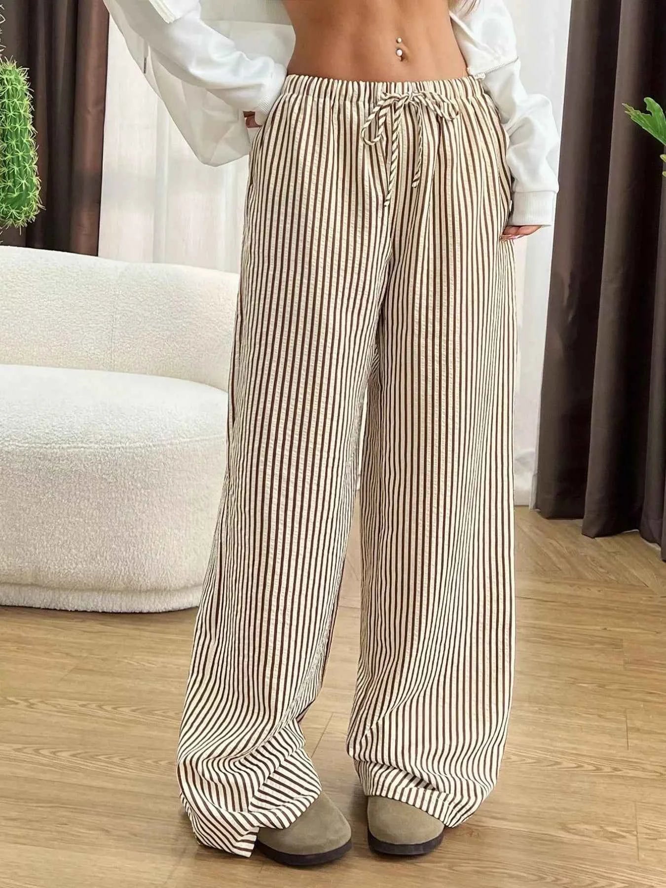Sarah Express Women's Striped Wide Leg Pants with Drawstring Waist - Plus Size Available Apricot
