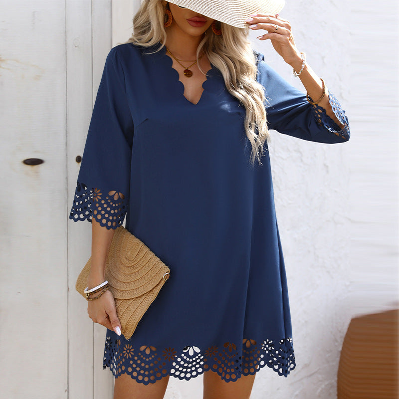 Sarah Express Lace Floral A-Line V-Neck Midi Dress Long Sleeve Pullover
