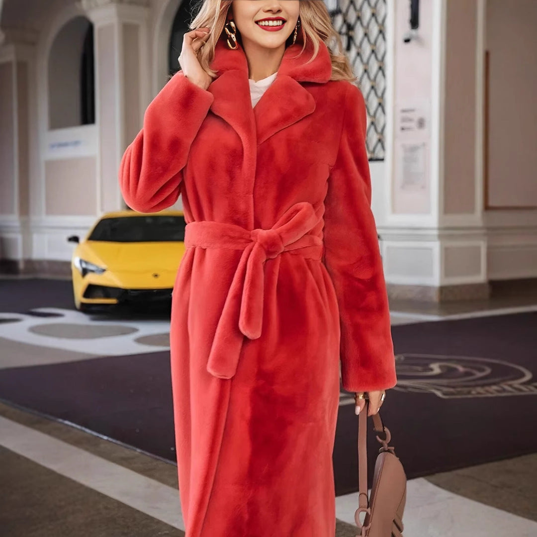 Sarah Express Lace-Up Plush Long Coat Turn-Down Collar Outerwear