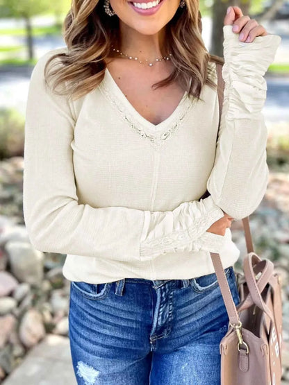 Sarah Express Women's Thermal Knit Lace Ruched V-Neck Top - Long Sleeve Patchwork Blouse