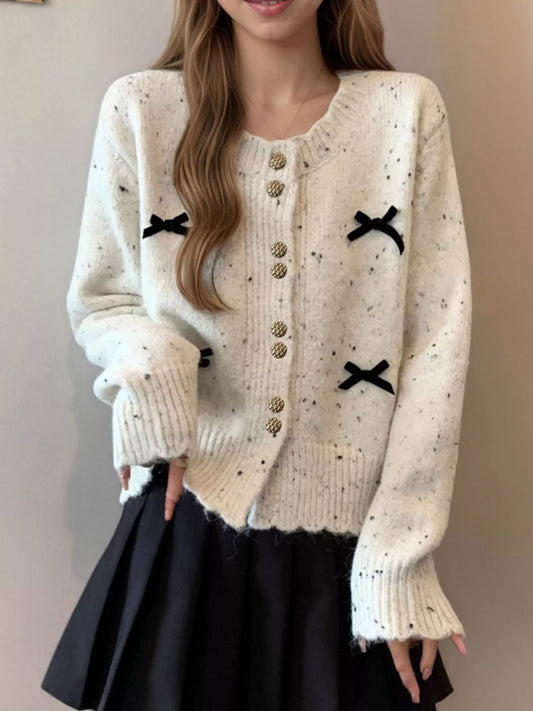 Sarah Express Women's Bow Button Up Ribbed Hem Cardigan White One Size