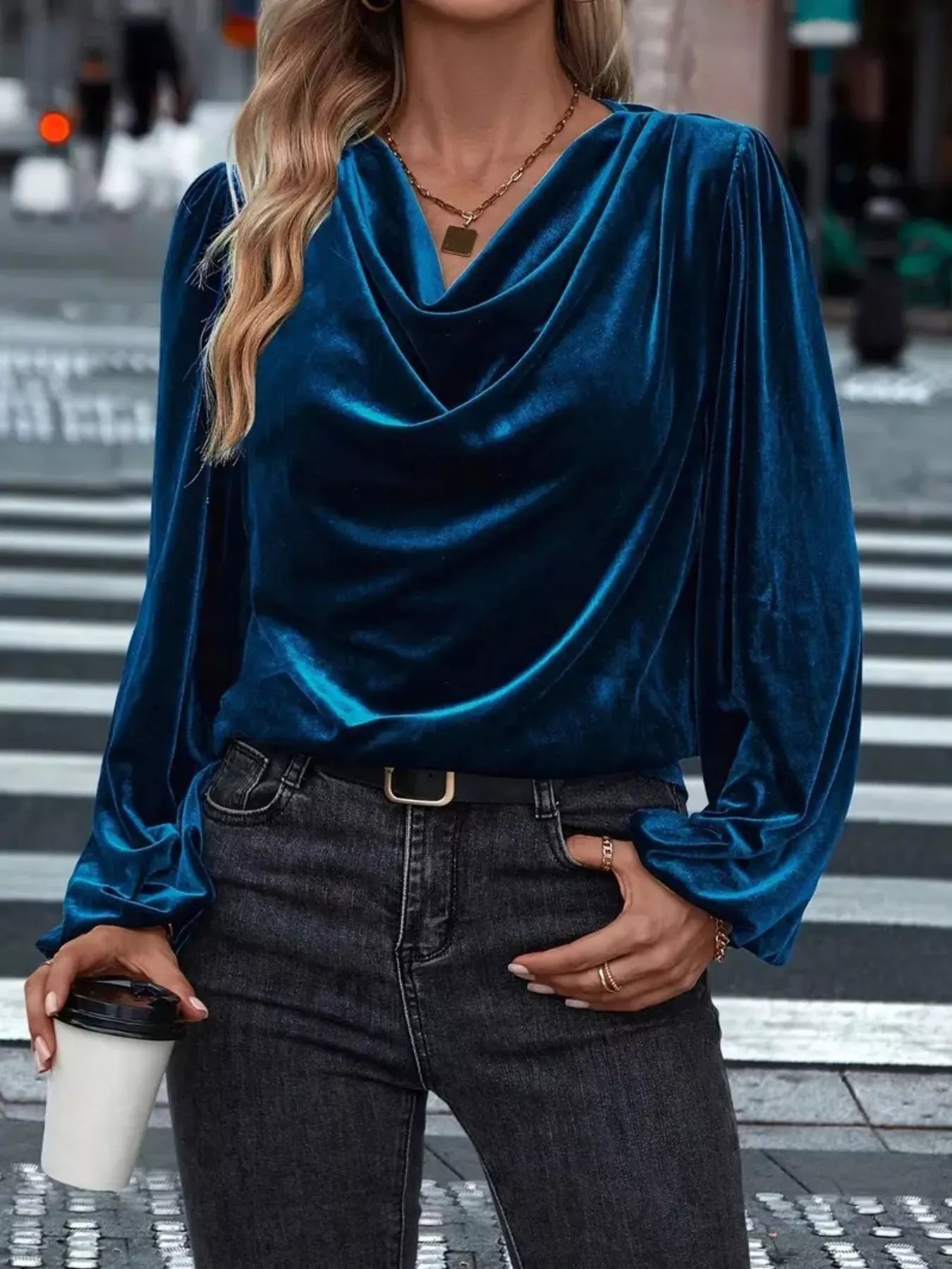 Sarah Express Women's Velvet Cowl Neck Blouse - Plus Size Navy