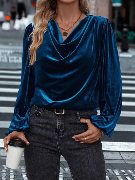 Sarah Express Women's Velvet Cowl Neck Blouse - Plus Size Navy