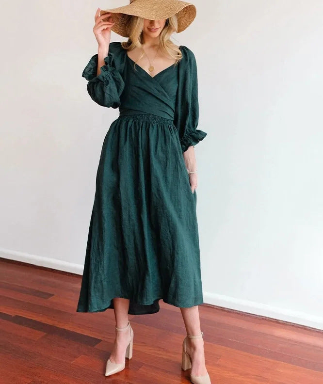 Sarah Express Women's Reversible V-Neck Dress Lantern Sleeve Mid-Length Polyester