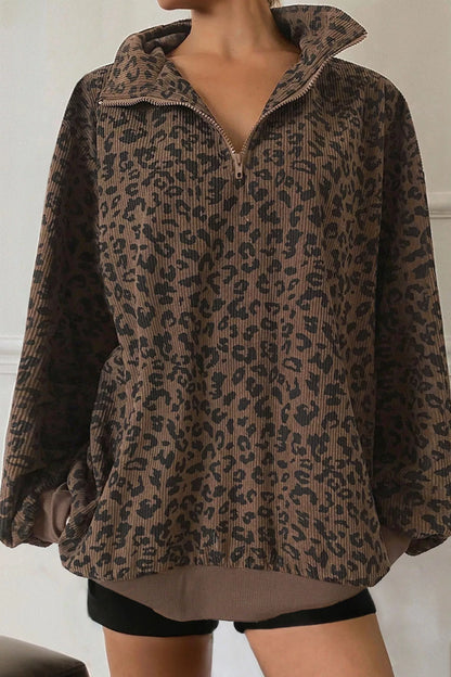 Sarah Express Women's Leopard Print Quarter Zip Corduroy Sweatshirt