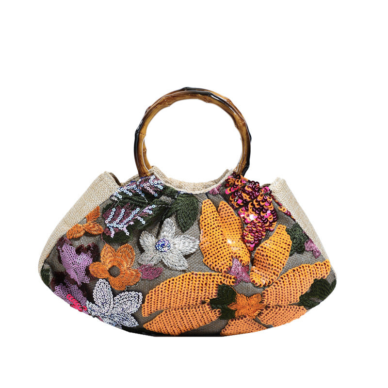 Sarah Express Bamboo Handle Tote Bag for Women - Shell Shape Shoulder Bag with Polyester Lining