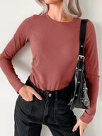 Sarah Express Women's Ribbed Long Sleeve Fitted Bodysuit Dusty Pink