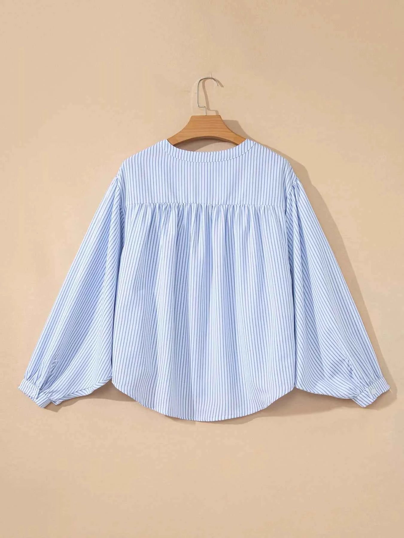 Sarah Express Women's Stripe Floral Embroidered Tunic Blouse - Billowy Sleeve Baggy Shirt